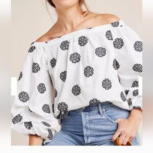 Maeve By Anthropology Off-Shoulder White Blouse with Black Floral Embossment XS
